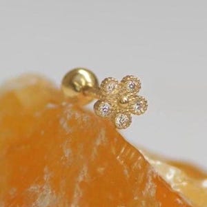 14K REAL Solid Gold Beaded Flower Stud, Cartilage Helix Tragus Conch Snug Diamond CZ Ear Post Stud Piercing Earring Body Jewelry 18Gauge