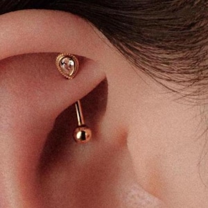 14K REAL Solid Gold Teardrop CZ Curved Barbell Earring Eyebrow Rook Lip Body Piercing Jewelry 16Gauge
