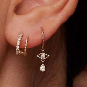 14K Solid Gold Teardrop Evil Eye Hoop Clicker Earring Hinged, CZ Cartilage Upper-lobe Helix Tragus Piercing, Dainty Jewelry, Gift for Her