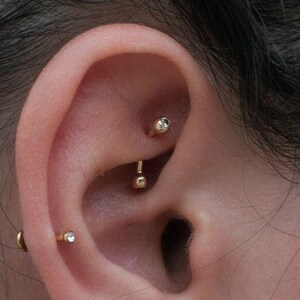 14K REAL Solid Gold Diamond CZ Curved Barbell Earring Eyebrow Cartilage Daith Helix Tragus Conch Rook Snug Lip Body Piercing Jewelry 16Gauge