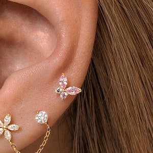 14K Solid Gold Color Stone Butterfly Stud Earrings Cartilage Tragus Conch Snug Ear Screw-back Studs, Ruby, Pink, Emerald, Sapphire, White