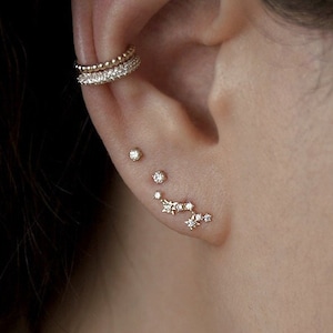 Aros con forma de estrella de circonita cúbica y diamantes de oro macizo real de 14 quilates para el lóbulo superior de la oreja, el cartílago, la hélice y el trago, pendientes con presión hacia atrás
