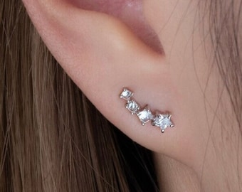 14K REAL Solid Gold Star CZ Diamond Climber Stud Earrings for Upper Earlobe Cartilage Helix Tragus Ear Post Push-back Stud Piercing Earrings