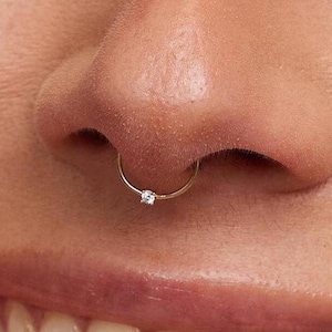 14K massief gouden diamanten punt hoepel piercing, sierlijke CZ neusring septum ring lip wenkbrauw kraakbeen ring oorbel 22 gauge