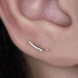 14K REAL Solid Gold CZ Diamond Curve Bar Cartilage Helix Tragus Conch Rook Climber Ear Post Stud Piercing Earring Body Jewelry 18Gauge