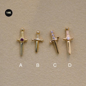 Pendiente de daga de oro de 14 quilates, pendiente individual de oro macizo, piercing de cartílago de espada de 18 g
