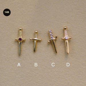 14K Gold Dagger Stud Earring, Solid Gold Single Earring, Sword Cartilage Piercing 18G