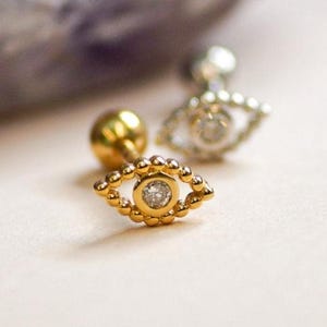 14K Natural Diamond Evil Eye Stud Earring, Solid Gold Cartilage Daith Helix Tragus Conch Ear Post Piercing 18Gauge, Dainty Sparkling Gift