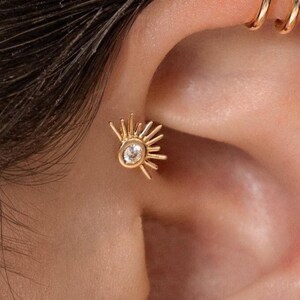 14K REAL Solid Gold Sunburst, Starburst Stud Earring CZ Cartilage Helix Tragus Conch Snug Ear Post Piercing Body Jewelry 18Gauge