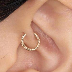 14K REAL Solid Gold Twisted Rope Hoop, Septum Nose Lip Cartilage Daith Helix Tragus Conch Rook Snug Body Earring Piercing Jewelry 16Gauge