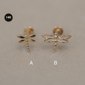 14K Solid Gold Dragonfly Stud Earring (2 Style)  - Ear Piercing Jewelry 18Gauge - Cartilage Helix Tragus