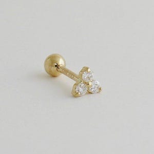 14K Genuine Natural Diamond Trinity Lotus Floral Stud Earring, Cartilage Helix Tragus Conch Snug Ear Post Piercing 18Gauge Solid Gold