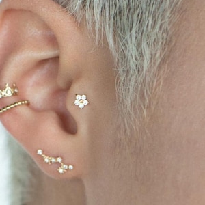 14K Solid Gold Flower Stud Earring, Diamond CZ 18G Cartilage Helix Piercing, Internal Threaded/ Push-pin