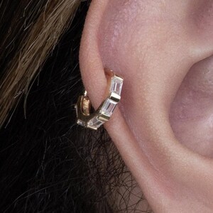 14K REAL Solid Gold Straight Baguette CZ Hoop Earring Cartilage Daith Helix Tragus Conch Rook Hinge Ear Nose Clicker Ring Piercing Jewelry