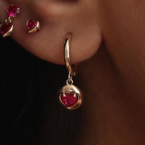 14K REAL Solid Gold Pink Ruby Cubic Zirconia Heart Drop Dangle Earring Hoops,  Earlobe Dangle Drop Hinge Piercing Cute Adorable Gift For Her