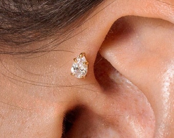 14K Solid Gold Teardrop Diamant CZ Bolzen, Knorpel Tragus Helix Piercing Ohrring, 18Gauge