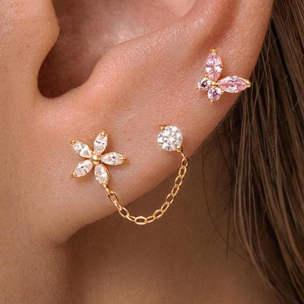 14K Solid Gold Flower Chain Earring, Double Piercing Connection Ear Jewelry