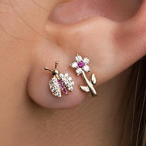14K REAL Solid Gold Ladybug Stud Earrings with Screw-back for Cartilage Daith Helix Tragus Conch Rook Snug Ear Post Stud Piercing Jewelry
