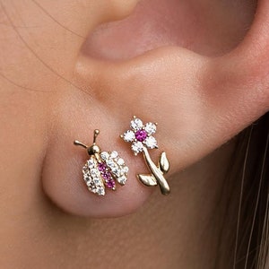 14K REAL Solid Gold Flower Cartilage Daith Helix Tragus Conch Rook Snug Diamond CZ Ear Post Stud Piercing Earring Body Jewelry 18Gauge