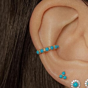 14K REAL Solid Gold Turquoise Bold Thick Minimalist Ear Cuff Ring, Turquoise Cartilage Conch Helix No Piercing Ear Cuff Wrap Earring