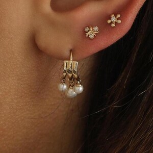 14K REAL Solid Gold Trio Pearl Hoop Earrings, Cartilage Daith Helix Tragus Conch Earlobe Snug Hinged Huggie Hoop Ear Clicker Ring Piercing