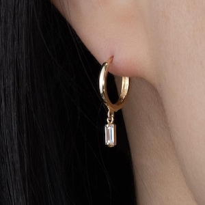 14K REAL Solid Gold Square CZ Drop Huggie Earrings Cartilage Upper Earlobe Helix Diamond CZ Dangle Drop Hinge Huggie Hoop Ring Earrings