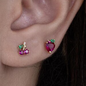 14K REAL Solid Gold Tiny Red Apple Stud Screw-back Earrings, Cubic Zirconia Upper Earlobe Cartilage Helix Tragus Post Stud Piercing Earrings