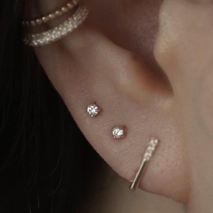 14K REAL Diamond Solid Gold Round Solitaire Stud Earring Cartilage Helix Tragus Conch Rook Snug Ear Post Piercing Body Jewelry 18Gauge