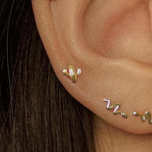 14K REAL Solid Gold Cactus Stud Earring,  Internal Thread Ear Piercing Cartilage Helix Tragus Conch Flatback, Simple Mini Dainty 18G Gift