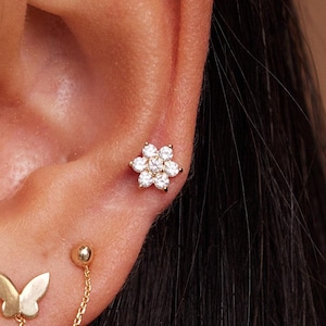 14K Echtgold Blume CZ Ohrstecker, Innengewinde Ohr-Piercing Knorpel Daith Helix Tragus Conch Rook Flache Rückseite Ohrring 18Gauge