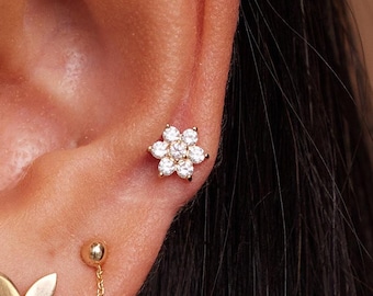 14K REAL Solid Gold Flower CZ Stud Earring, Internal