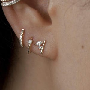 14K REAL Solid Gold Marquise Round Cluster Diamond CZ Line Bar Stud Earrings Earlobe Cartilage Tragus Ear Post Push-back Piercing Jewelry
