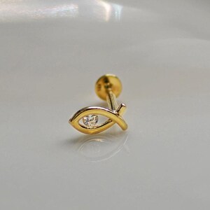 14K REAL Solid Gold Cubic Zirconia Fish Piercing Earring,  Internal Thread Ear Cartilage Helix Tragus Conch Flatback, Simple Dainty 18G Gift
