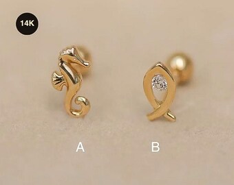 14K Solid Gold Seahorse Stud Earring, Fish CZ Stud, 18G Cartilage Helix Tragus Earring, Dainty Gold Stud, Cute Ocean Jewelry