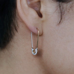 14K REAL Solid Gold Diamond CZ Safety Pin Hoop Earring Cartilage Helix Conch Upper Earlobe Safety Pin Hoop Ear Ring Piercing Jewelry