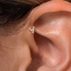 14K REAL Diamond Solid Gold V Shape Minimalist Earring Cartilage Daith Helix Tragus Conch Rook Post Stud Internal Flat Back Piercing 18G