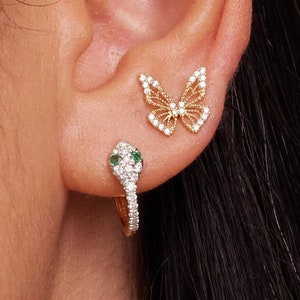 14K REAL Diamond Emerald Snake Eyes Earrings, Solid Gold Natural Genuine Diamond Huggie Hinge Hoop Ear Piercing