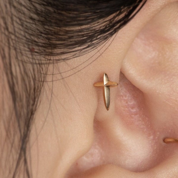 14K REAL Solid Gold Tiny Mini Baby Cross Cartilage Daith Helix Tragus Conch Rook Snug Ear Post Stud Piercing Earring Body Jewelry 18Gauge