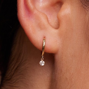 14K REAL Solid Gold Diamond Drop Huggie Earrings Cartilage Upper Earlobe Helix Dangle Drop Hinge Huggie Hoop Ring Minimal Earrings Gift