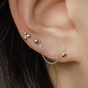14K REAL Solid Gold Double Chain Ball Linked Duo Drop Stud Earrings, Cartilage Upper Earlobe Helix Gift for Her Piercing Minimalist Jewelry