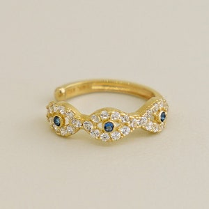 14K REAL Solid Gold Sapphire Blue Diamond CZ Evil Eye Ear Cuff Ring, Diamond CZ Cartilage Conch Helix No Piercing Ear Cuff Wrap Earring