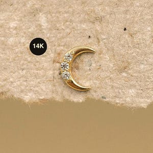 Pendiente de luna creciente con tres piedras en oro macizo auténtico de 14 quilates (18 g)