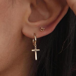 14K REAL Solid Gold Cross Huggie Hoop Earrings Dainty Minimalist Gold Cross Charm Pendant Dangle Drop Huggie Hoop Earring Religious Jewelry