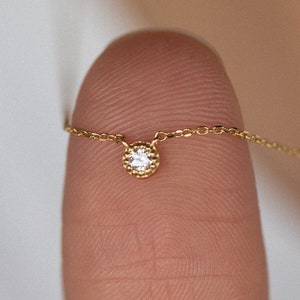 14K REAL Diamond Necklace Real Solid Gold Baby Mini Solitaire Round Bezel Natural Genuine Diamond Minimalist Dainty Pendant Chain Necklace