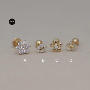 Perno de oreja con forma de flor de oro macizo de 14 quilates y circonita cúbica, rosca interna