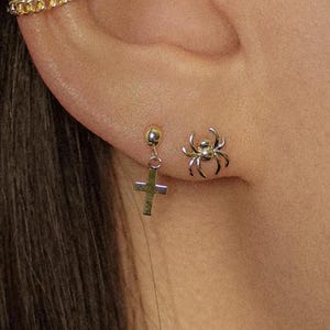 14K REAL Solid Gold Cross Dangle Stud Earring, Drop Ear Piercing Cartilage Helix Tragus Conch Rook Snug Internal Thread Flat Back