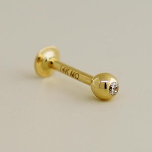 14K REAL Solid Gold Round CZ Labret Stud, Chin Cartilage Helix Tragus Conch Rook Snug Ear Post Stud Piercing Earring Body Jewelry 16Gauge