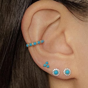 14K REAL Solid Gold Turquoise Ear Stack Set Trinity Lotus Floral Round Earring Snug Blue Post Stud Cuff Piercing Boho Southwestern Jewelry