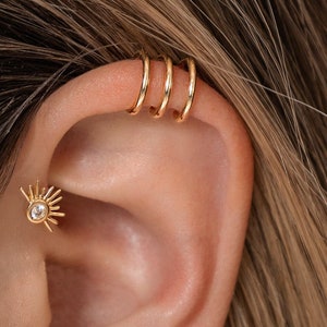 14K REAL Solid Gold Triple Hoop Ear Cuff Ring, Golden Cartilage Conch Helix No Piercing Kids Wrap Earring Minimalist Dainty Jewelry