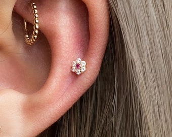 14K REAL Solid Gold Ruby Diamond CZ Flower Cartilage Daith Helix Tragus Conch Rook Snug  Ear Post Stud Piercing Earring Body Jewelry 18Gauge